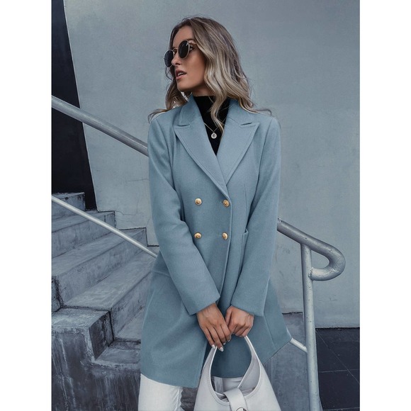 Lapel Collar Double Breasted gold button Overcoat pea coat light blue preppy - Picture 3 of 11